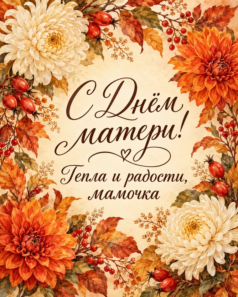 Осенняя открытка с Днём матери с хризантемами и георгинами