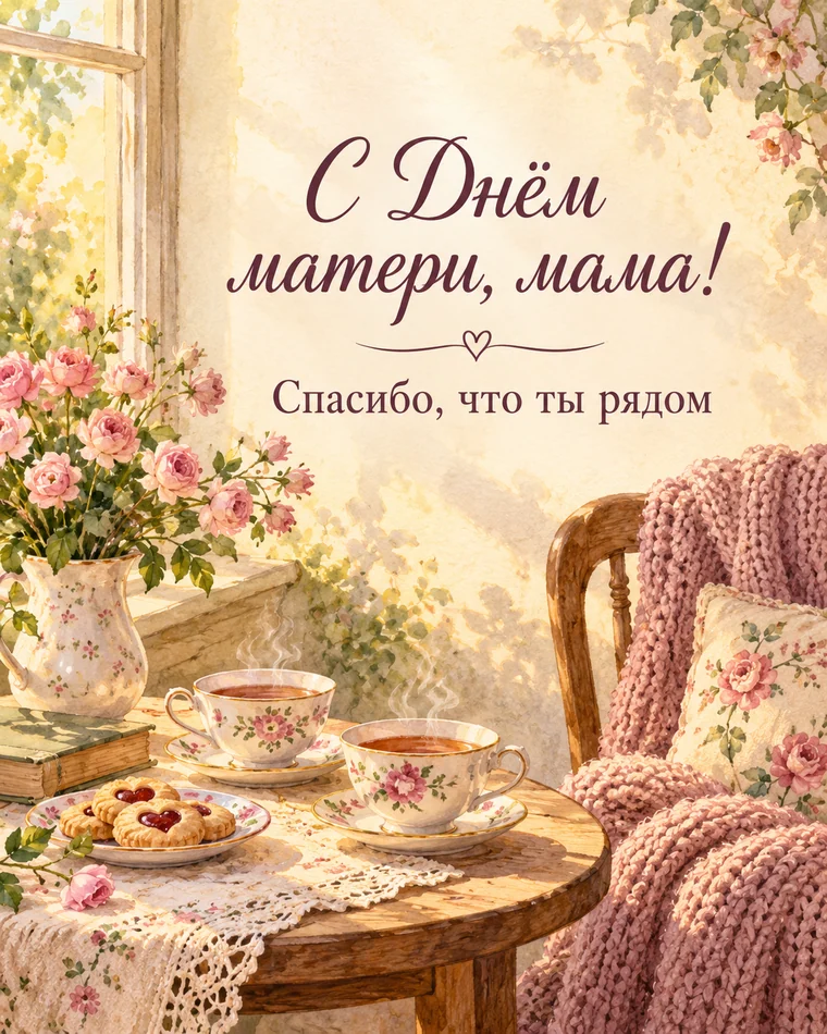 Уютная открытка маме от дочери: «Спасибо, что ты рядом»