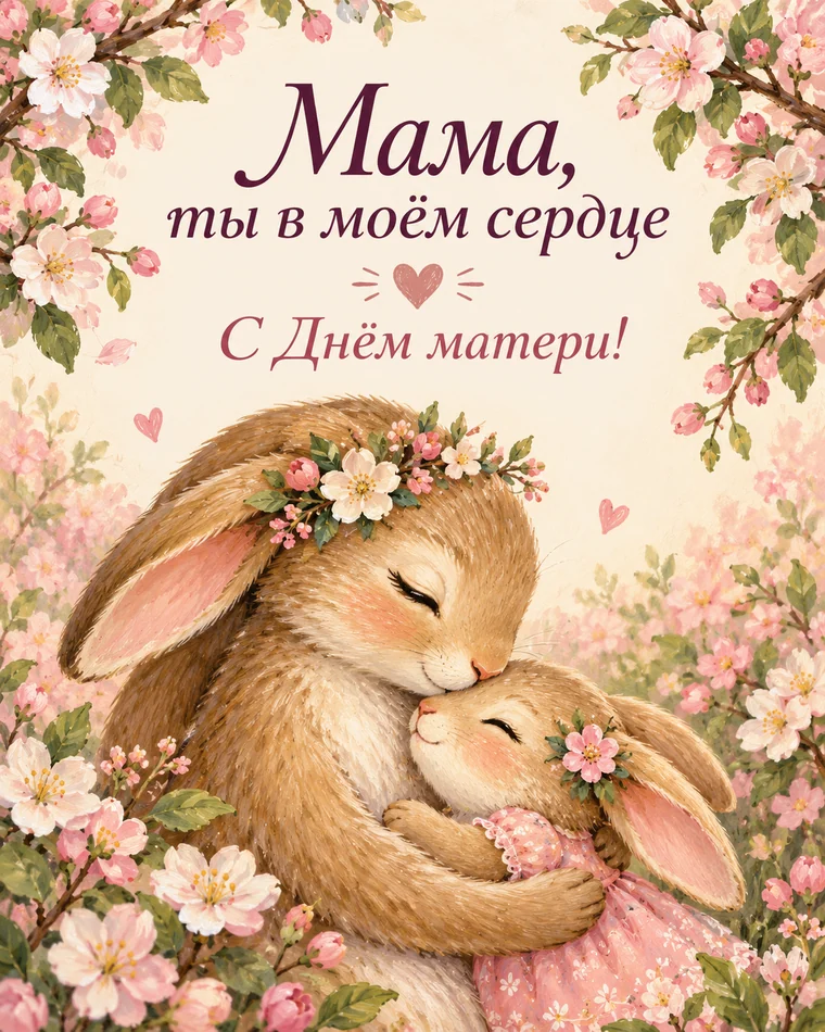 Открытка с мамой-зайчихой и зайчонком: «Мама, ты в моём сердце»