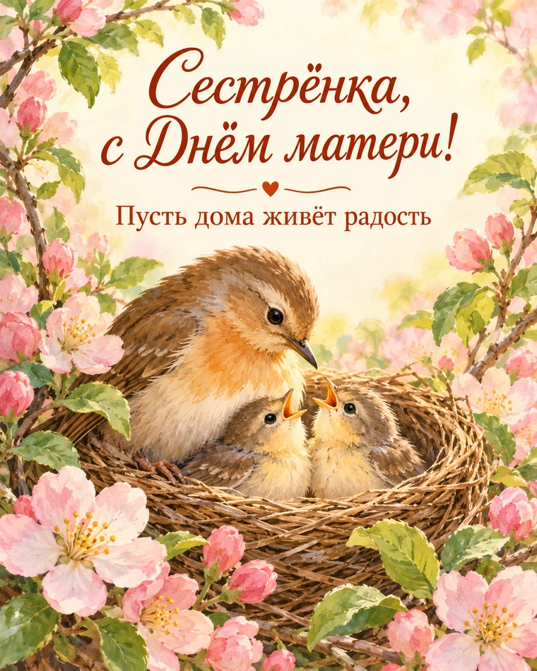 Открытка сестре с Днём матери с птичьей семьёй
