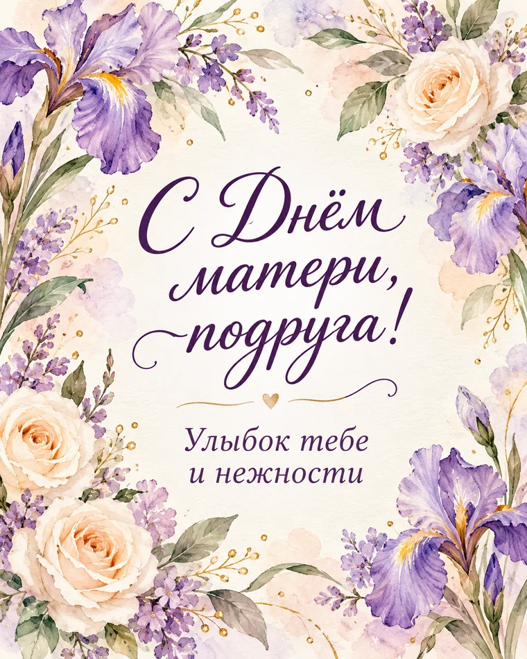 Открытка подруге с ирисами и пожеланием улыбок и нежности