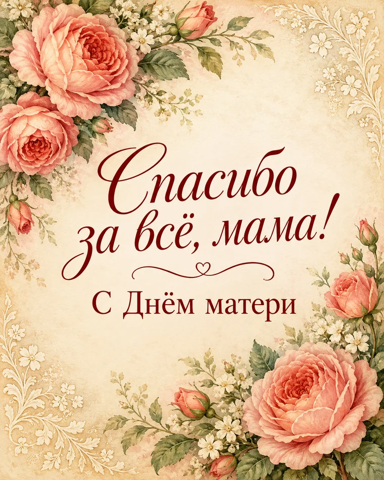 Винтажная открытка с розами: «Спасибо за всё, мама!»