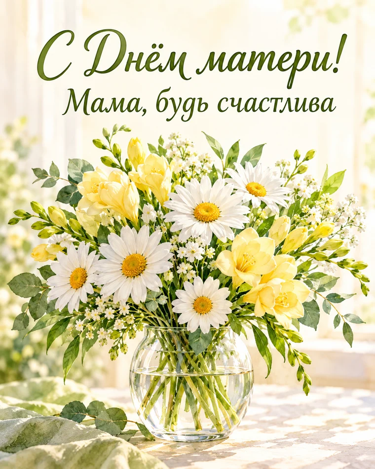 Светлая открытка с ромашками: «Мама, будь счастлива»