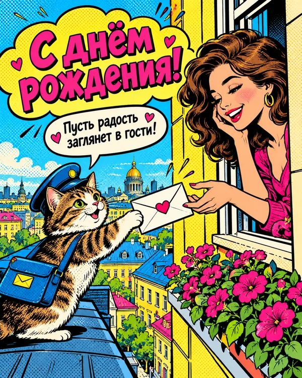 Кот-почтальон: С днём рождения! Пусть радость заглянет в гости!