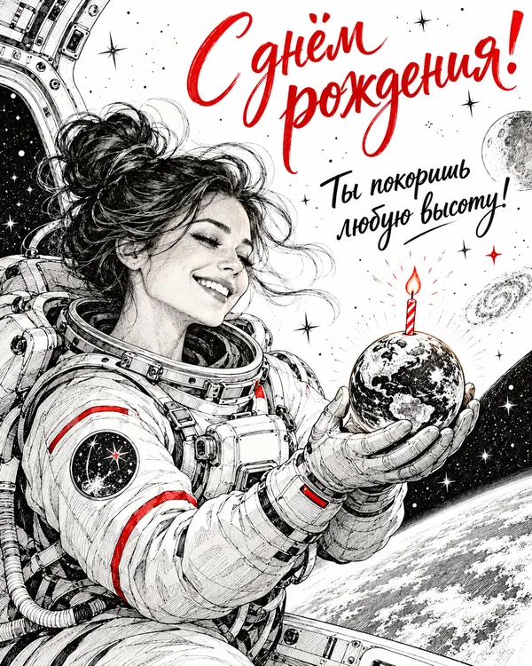 Космическая именинница: С днём рождения! Ты покоришь любую высоту!