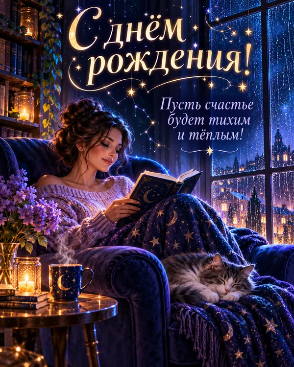 Книга и дождь за окном: С днём рождения! Пусть счастье будет тихим и тёплым!