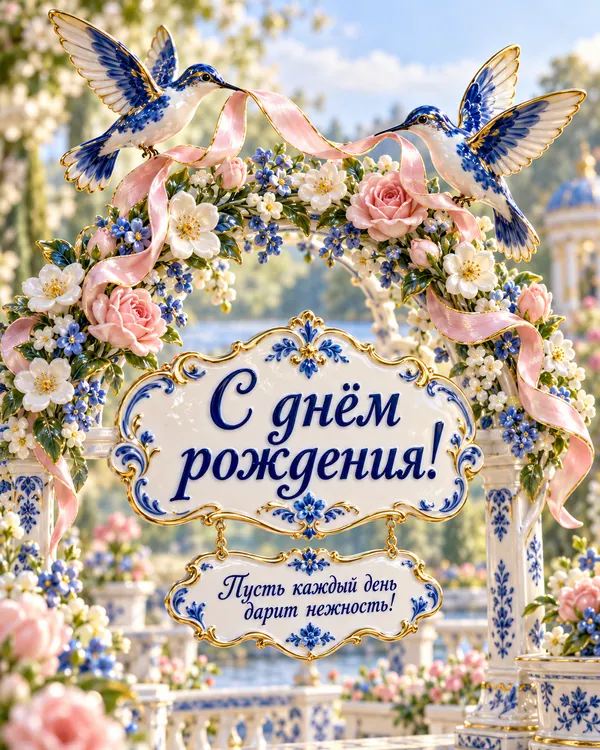 Колибри и цветочная арка: С днём рождения! Пусть каждый день дарит нежность!