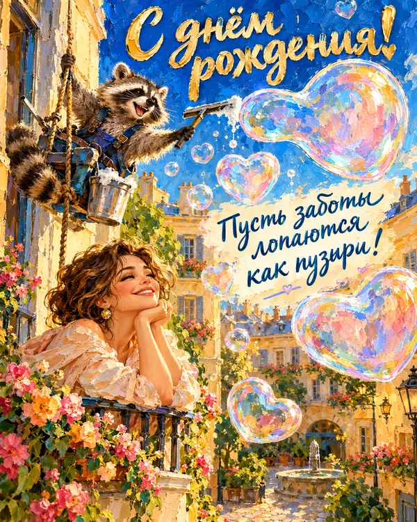 Енот и мыльные пузыри: С днём рождения! Пусть заботы лопаются как пузыри!