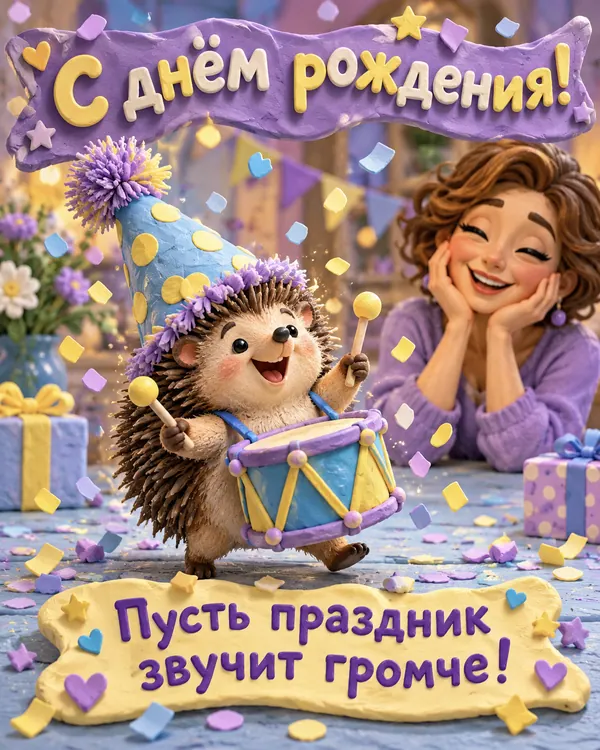 Ёжик-барабанщик: С днём рождения! Пусть праздник звучит громче!
