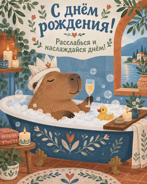 Капибара в ванне: С днём рождения! Расслабься и наслаждайся днём!