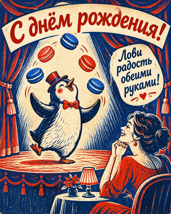 Пингвин-жонглёр: С днём рождения! Лови радость обеими руками!