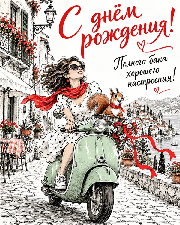 Белка на скутере: С днём рождения! Полного бака хорошего настроения!