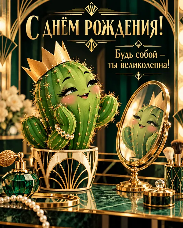 Кактус в короне: С днём рождения! Будь собой — ты великолепна!
