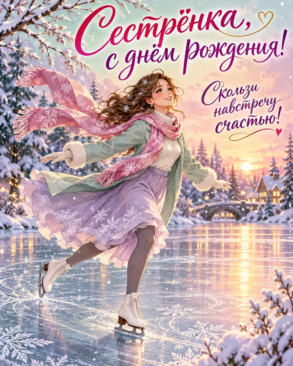 Каток и снежинки: Сестрёнка, с днём рождения! Скользи навстречу счастью!