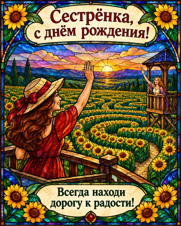 Лабиринт подсолнухов: Сестрёнка, с днём рождения! Всегда находи дорогу к радости!