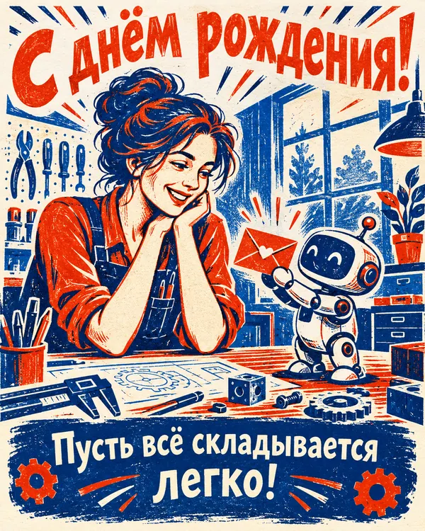 Робот-помощник: С днём рождения! Пусть всё складывается легко!