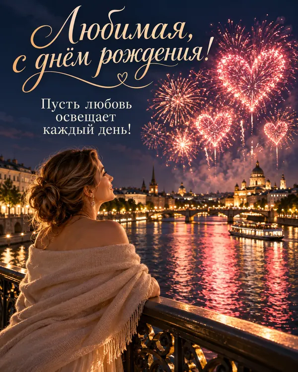 Салют над мостом: Любимая, с днём рождения! Пусть любовь освещает каждый день!