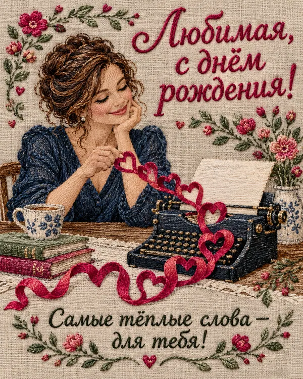 Письмо на старой машинке: Любимая, с днём рождения! Самые тёплые слова — для тебя!