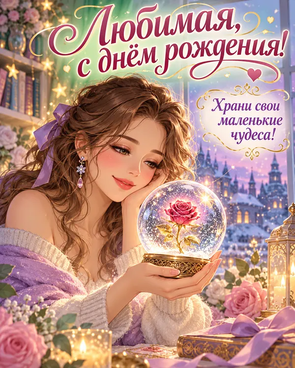 Роза в снежном шаре: Любимая, с днём рождения! Храни свои маленькие чудеса!