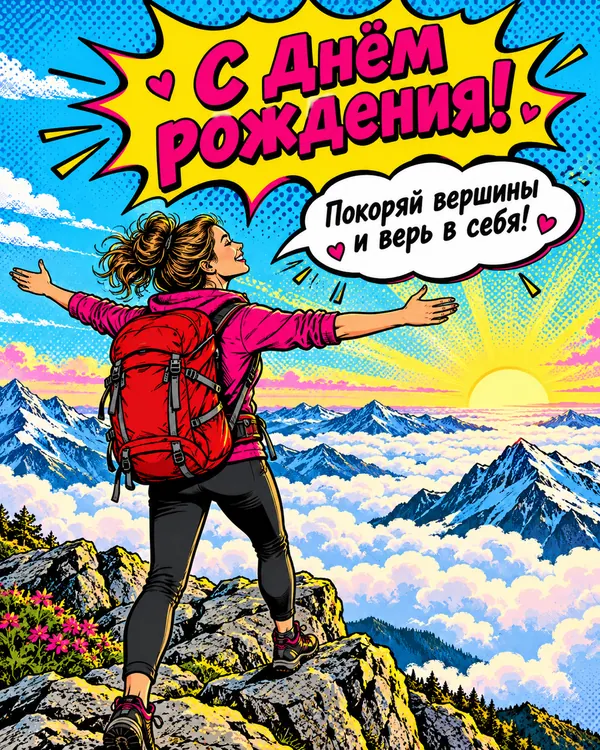 На вершине горы: С днём рождения! Покоряй вершины и верь в себя!