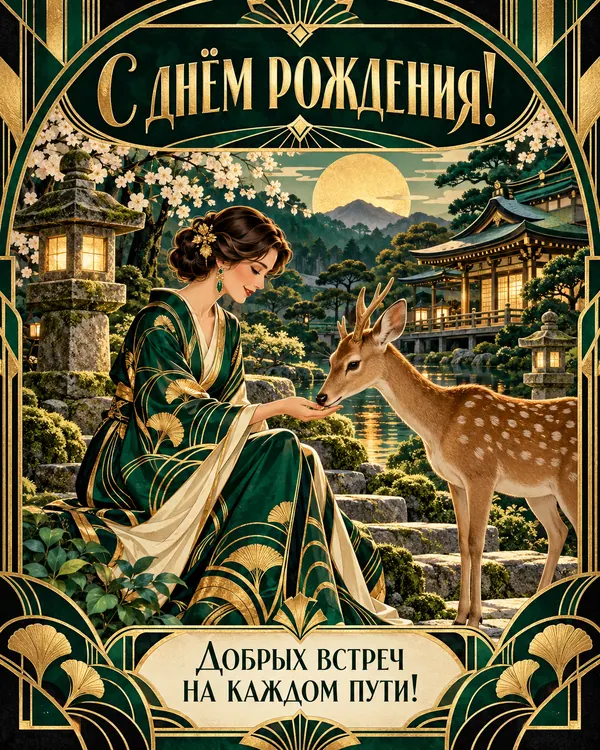Олень у древнего храма: С днём рождения! Добрых встреч на каждом пути!