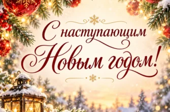 Скоро самый тёплый праздник — новогодняя открытка с надписью «С наступающим Новым годом!»