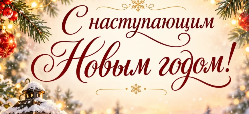 Скоро самый тёплый праздник — новогодняя открытка с надписью «С наступающим Новым годом!»