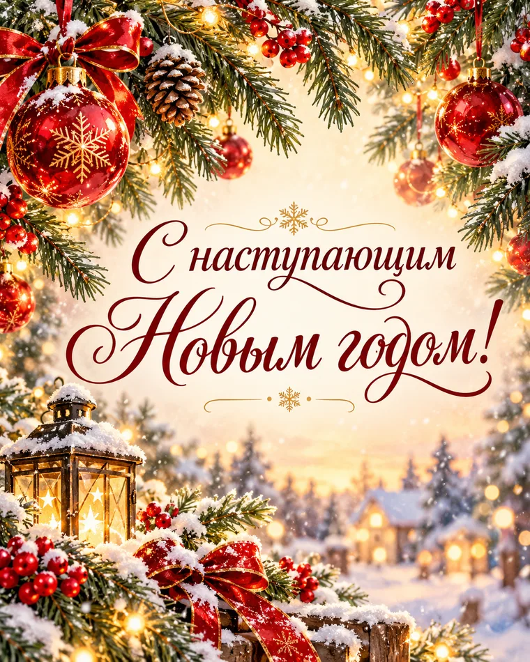Скоро самый тёплый праздник — новогодняя открытка с надписью «С наступающим Новым годом!»