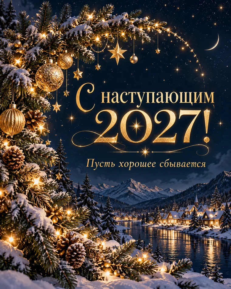 Навстречу новому счастью — новогодняя открытка с надписью «С наступающим 2027! Пусть хорошее сбывается»