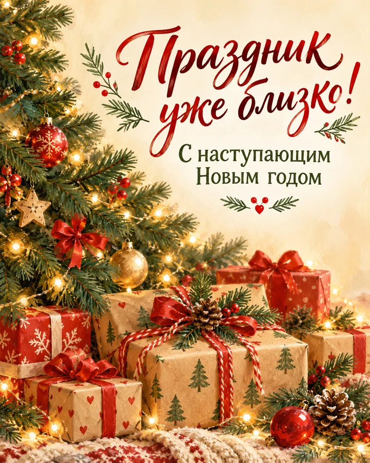 Праздник уже близко — новогодняя открытка с надписью «Праздник уже близко! С наступающим Новым годом»