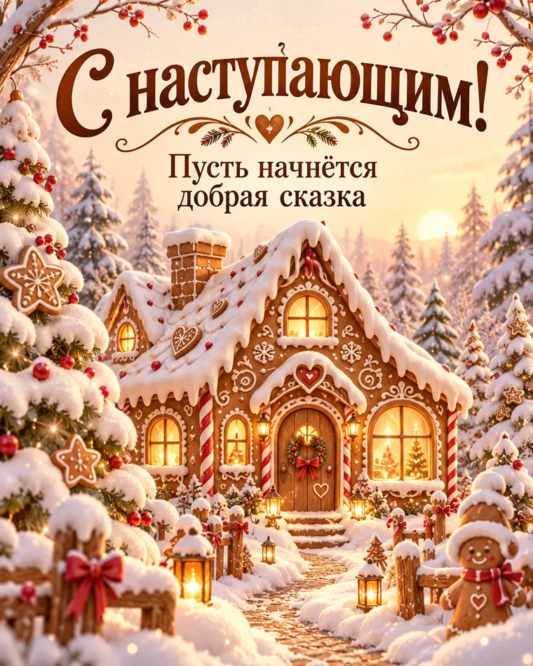 Сказка начинается — новогодняя открытка с надписью «С наступающим! Пусть начнётся добрая сказка»