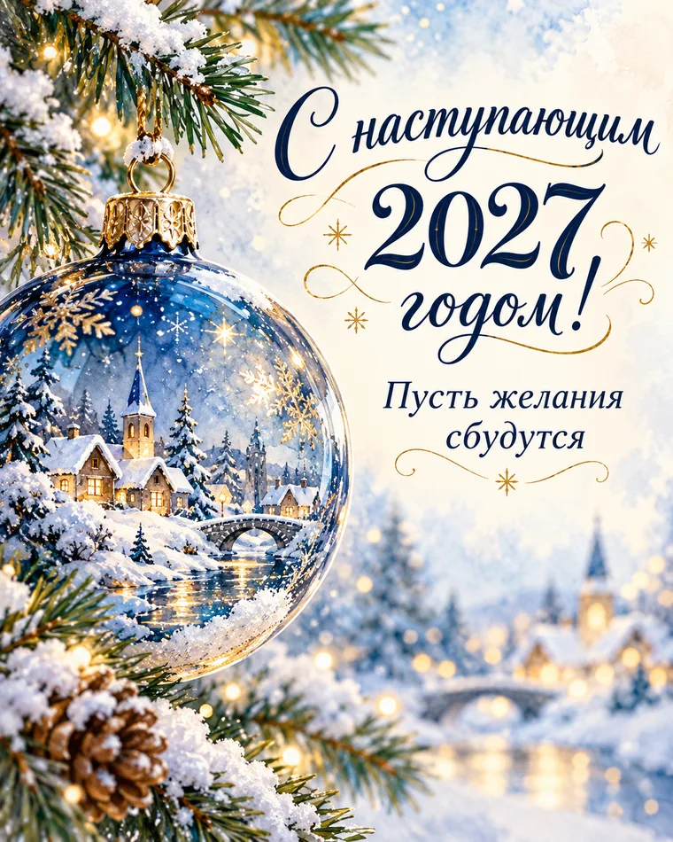 Пусть желания сбудутся — новогодняя открытка с надписью «С наступающим 2027 годом! Пусть желания сбудутся»