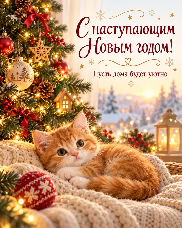 Уюта в ожидании праздника — новогодняя открытка с надписью «С наступающим Новым годом! Пусть дома будет уютно»