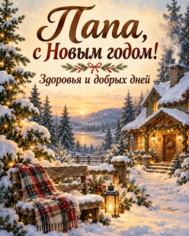 Папе — доброго года — новогодняя открытка с надписью «Папа, с Новым годом! Здоровья и добрых дней»
