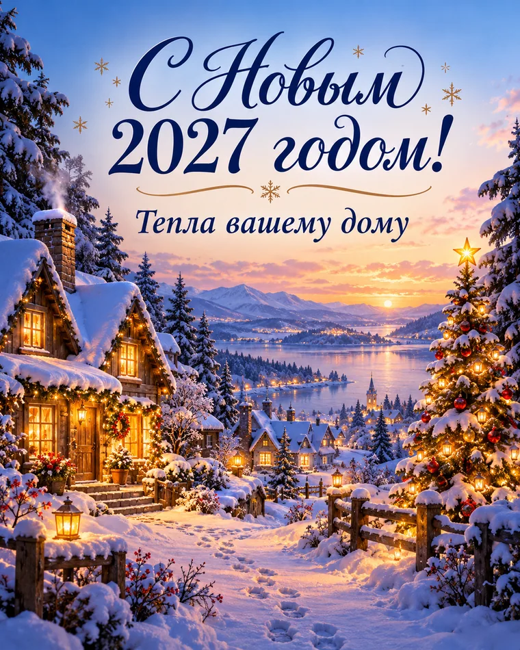 Всем родным — тепла — новогодняя открытка с надписью «С Новым 2027 годом! Тепла вашему дому»