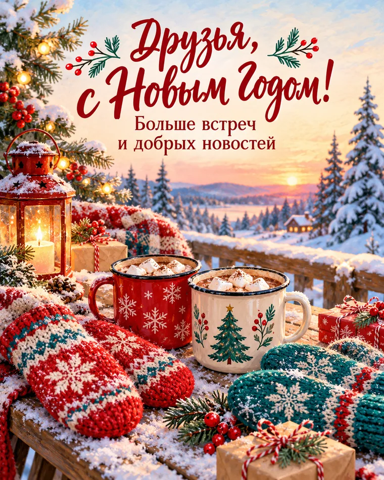 Друзьям — ярких встреч — новогодняя открытка с надписью «Друзья, с Новым годом! Больше встреч и добрых новостей»