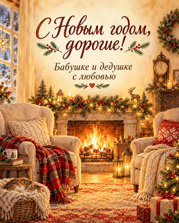 Бабушке и дедушке — новогодняя открытка с надписью «С Новым годом, дорогие! Бабушке и дедушке с любовью»