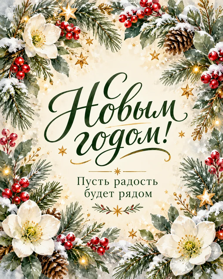 Радости каждый день — новогодняя открытка с надписью «С Новым годом! Пусть радость будет рядом»