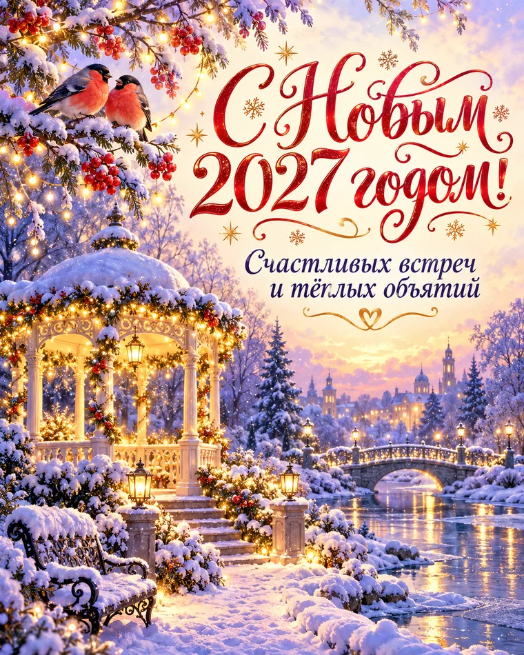 Счастливых встреч — новогодняя открытка с надписью «С Новым 2027 годом! Счастливых встреч и тёплых объятий»