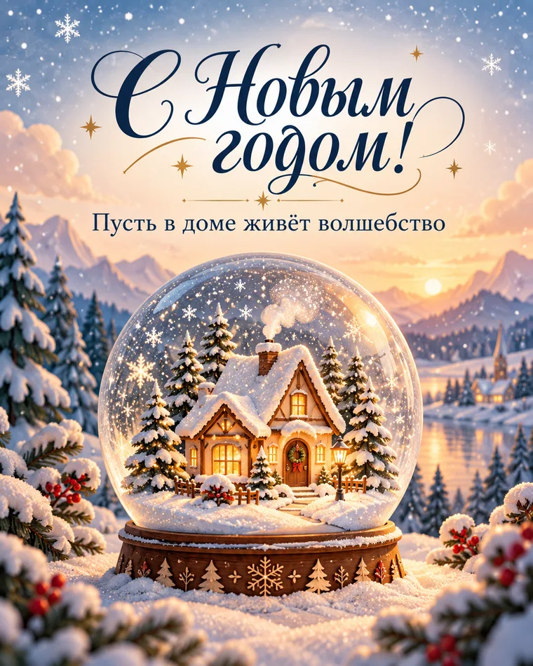 Волшебства вашему дому — новогодняя открытка с надписью «С Новым годом! Пусть в доме живёт волшебство»