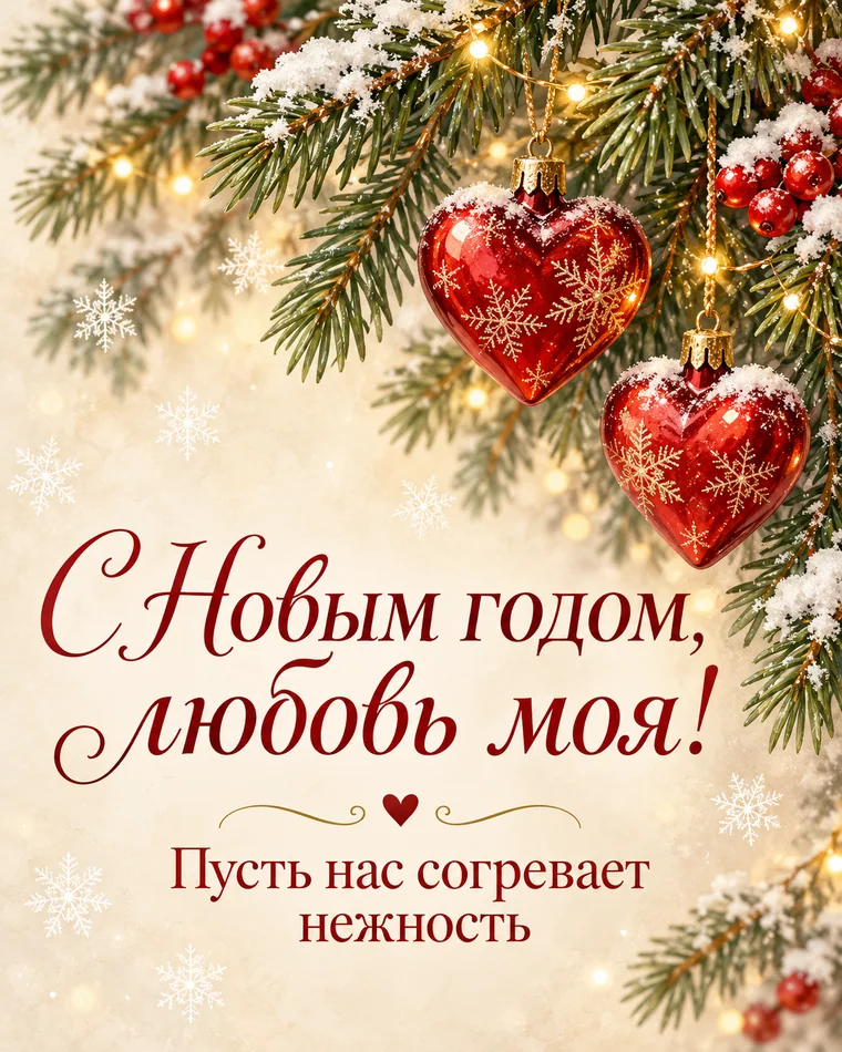 Для двух сердец — новогодняя открытка с надписью «С Новым годом, любовь моя! Пусть нас согревает нежность»