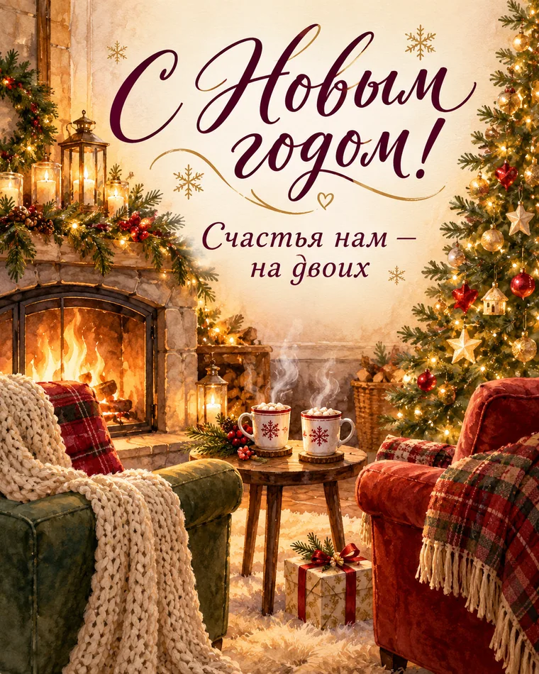 Уютного года вдвоём — новогодняя открытка с надписью «С Новым годом! Счастья нам — на двоих»