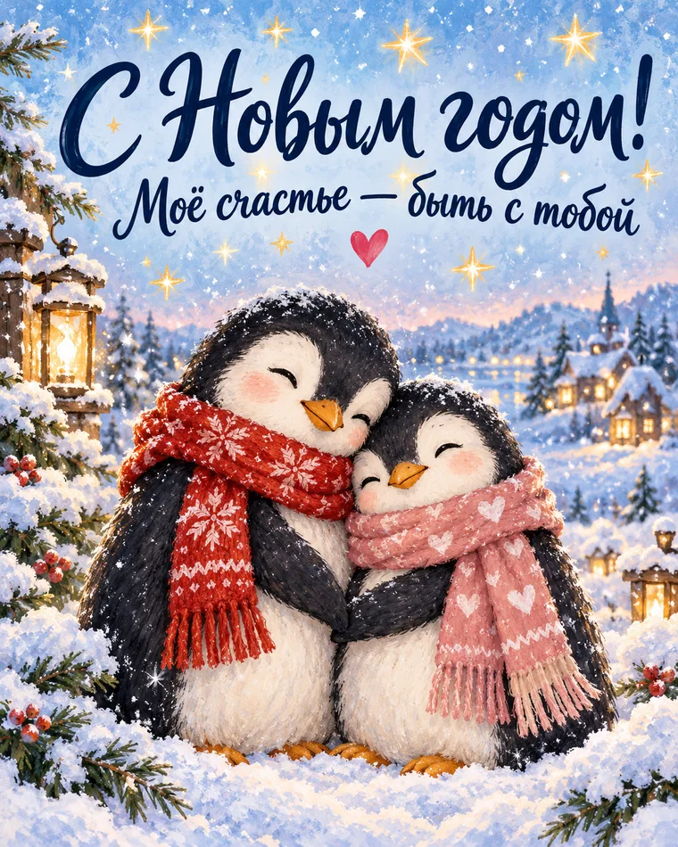 Счастье быть рядом — новогодняя открытка с надписью «С Новым годом! Моё счастье — быть с тобой»