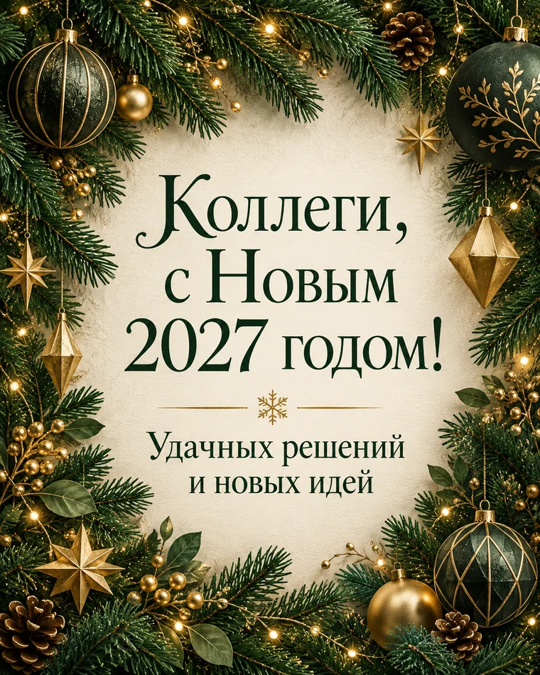 Коллегам — удачного года — новогодняя открытка с надписью «Коллеги, с Новым 2027 годом! Удачных решений и новых идей»