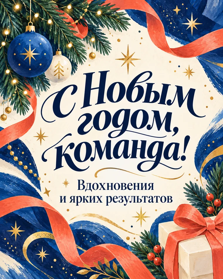 Команде — ярких результатов — новогодняя открытка с надписью «С Новым годом, команда! Вдохновения и ярких результатов»