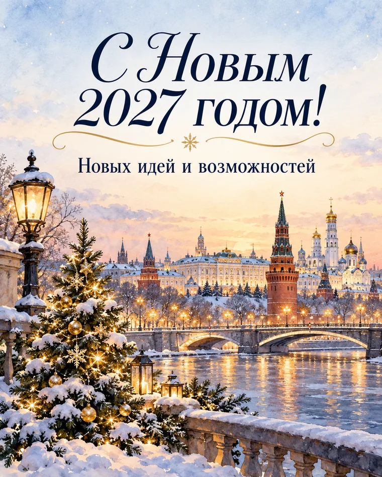 Новых идей и возможностей — новогодняя открытка с надписью «С Новым 2027 годом! Новых идей и возможностей»