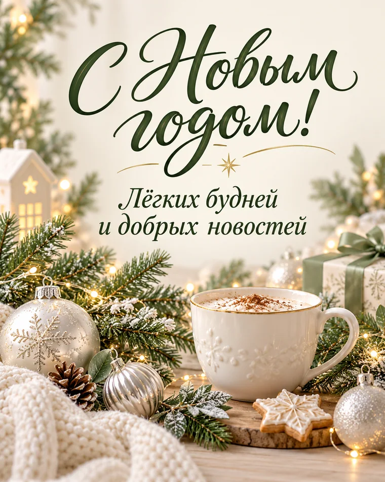 Лёгких будней и добрых новостей — новогодняя открытка с надписью «С Новым годом! Лёгких будней и добрых новостей»