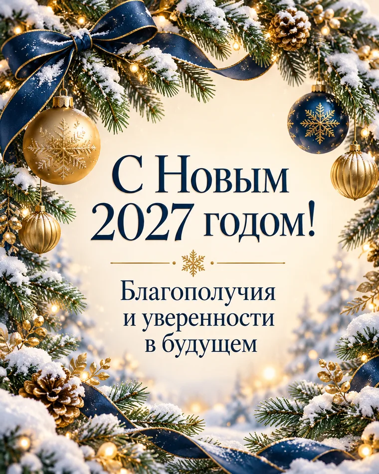 Благополучия в новом году — новогодняя открытка с надписью «С Новым 2027 годом! Благополучия и уверенности в будущем»