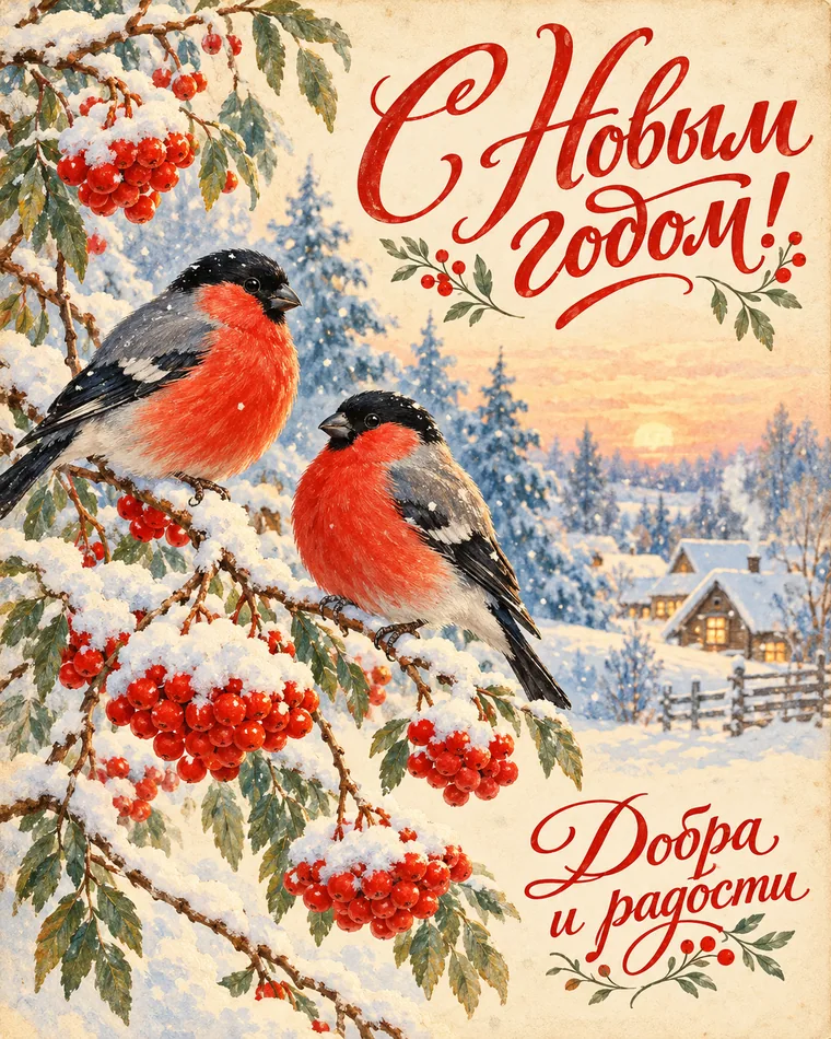 Снегири на зимней ветке — новогодняя открытка с надписью «С Новым годом! Добра и радости»