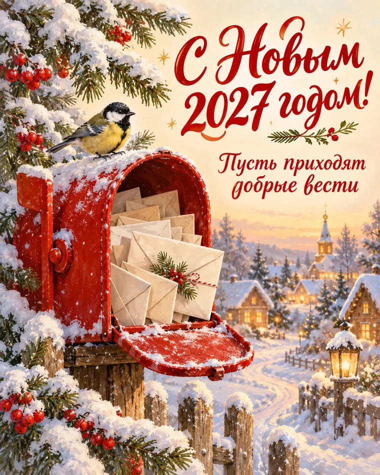 Новогодняя почта — новогодняя открытка с надписью «С Новым 2027 годом! Пусть приходят добрые вести»